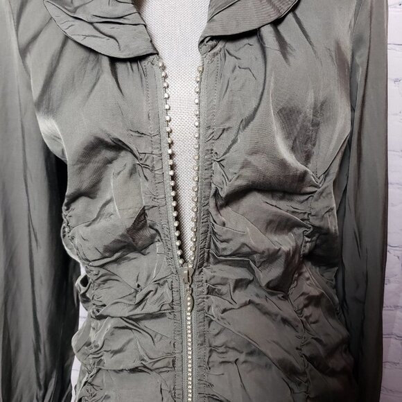 Ethyl Olive Green Ruched Jacket with crystal rhinestone zipper NWT size Large - Picture 3 of 14
